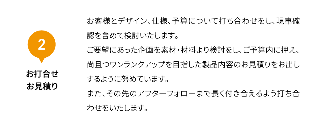2 お打合せ お見積り お客様とデザイン、仕様、予算について打ち合わせをし、現車確認を含めて検討いたします。ご要望にあった企画を素材・材料より検討をし、ご予算内に押え、尚且つワンランクアップを目指した製品内容のお見積りをお出しするように努めています。 また、その先のアフターフォローまで長く付き合えるよう打ち合わせをいたします。