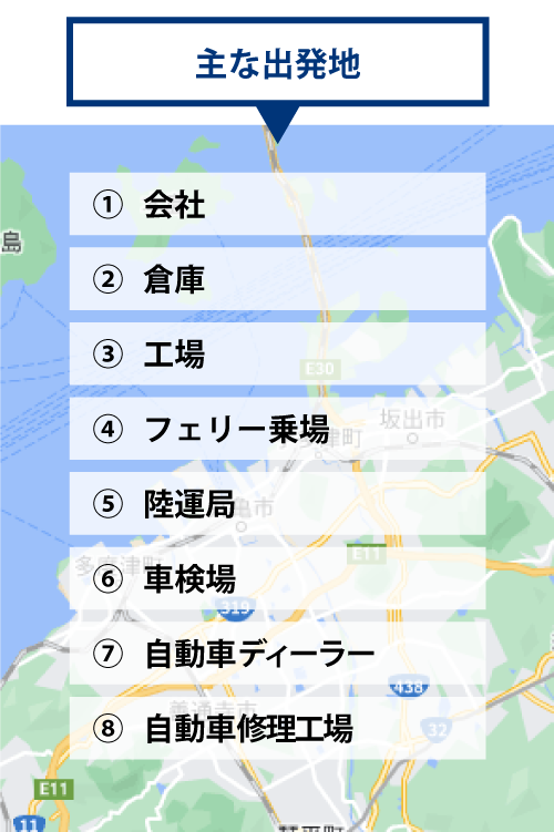 主な出発地 ①会社 ②倉庫 ③工場 ④フェリー乗場 ⑤陸運局 ⑥車検場 ⑦自動車ディーラー ⑧自動車修理工場