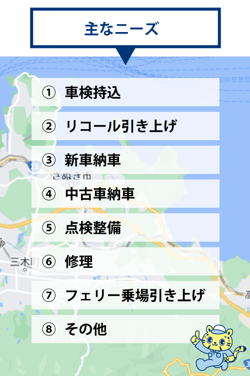 主なニーズ ①車検持込 ②リコール引き上げ ③新車納車 ④中古車納車 ⑤点検整備 ⑥修理　⑦フェリー乗場引き上げ ⑧その他